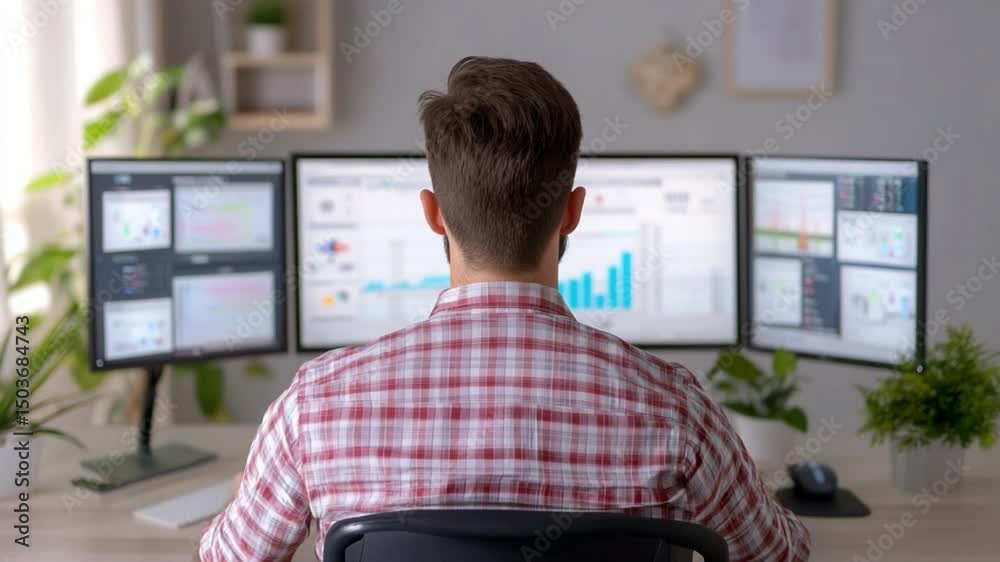 Poster data analyst at work: a focused data analyst reviews complex financial information displayed across 