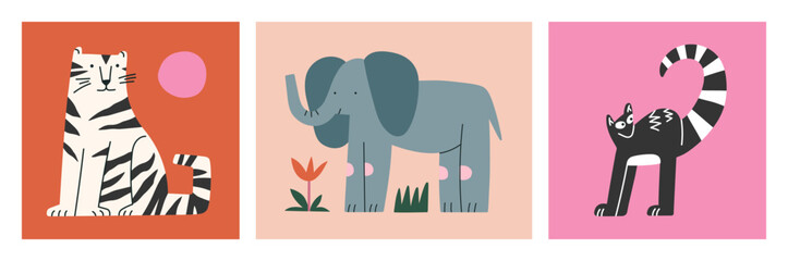 Set of posters with funny animals. A tiger, an elephant and a lemur. Perfect for educational purposes, travel brochures, wildlife events, children’s books and prints, zoo displays. Vector illustration © Busy Lola