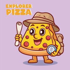 Funny cartoon pizza slice dressed as an explorer with a hat, backpack, compass, and map. Ideal for adventure-themed content, travel materials, and kids’ books.