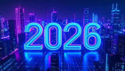 Neon 2026 over futuristic city at night. New year 2026 illustration. Happy new year.