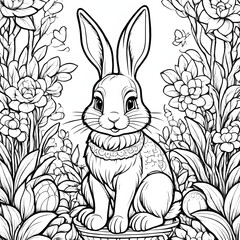 Adorable easter bunny surrounded by flowers perfect for coloring pages and festive designs