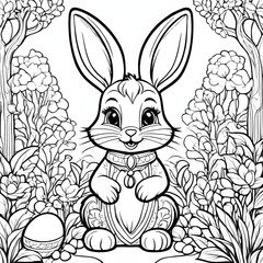 Adorable easter bunny illustration in a forest surrounded by lush floral coloring page