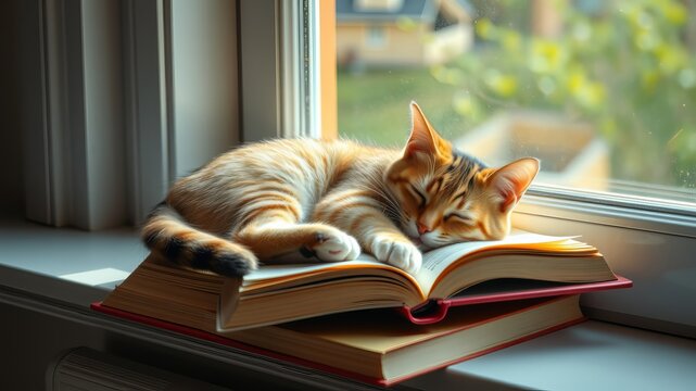 A cute tabby kitten naps peacefully on an open book resting on a ill bathed in sunlight. - Powered by Adobe