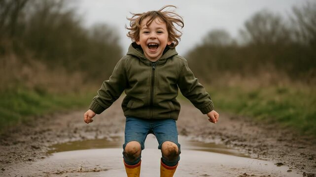 Mud puddle explodes beneath a laughing boy who leaps high, mud puddle sprays boots and coat while lively mud puddle fun captures wild childhood spirit. Concept outdoor play.