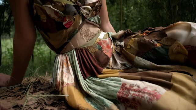 Artistic woman wearing upcycled fabric gown sitting outdoors in woodland forest background, sustainable fashion, unique design