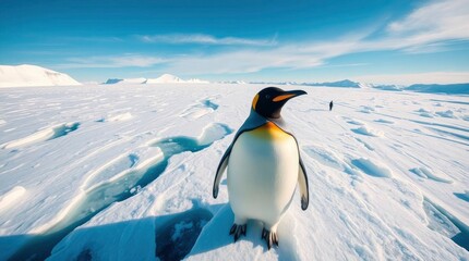 A moody cinematic-style illustration of a majestic Emperor Penguin on an Antarctic ice shelf under a bright blue sky. with generative ai
