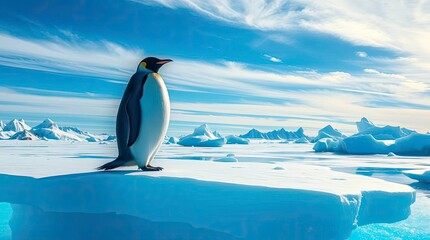 A moody cinematic-style illustration of a majestic Emperor Penguin on an Antarctic ice shelf under a bright blue sky. with generative ai