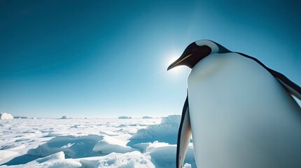 A moody cinematic-style illustration of a majestic Emperor Penguin on an Antarctic ice shelf under a bright blue sky. with generative ai