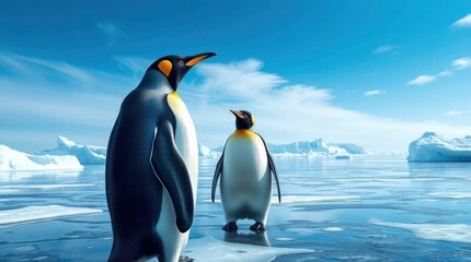 A moody cinematic-style illustration of a majestic Emperor Penguin on an Antarctic ice shelf under a bright blue sky. with generative ai