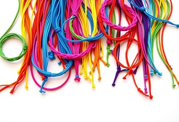 Vibrant handmade friendship bracelets in assorted colors, neatly arranged on a white background, handmade,  white background