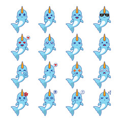 Set of cute narwhal cartoon mascot character illustration. © Artprodite