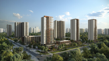 Obraz premium Modern urban residential buildings surrounded by greenery and roads