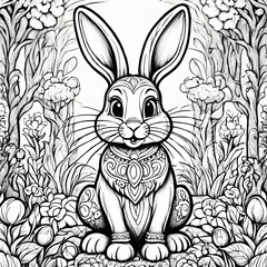 An elegant black and white easter bunny surrounded by flowers in a beautiful garden scene