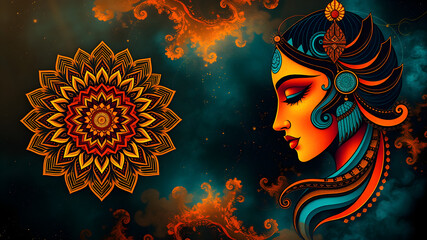 Artistic illustration of a beautiful woman and a mandala in colorful fantasy style