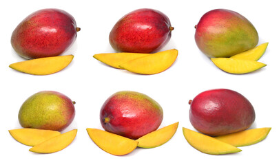 Set fresh mango fruit whole and slices isolated on white background. Flat lay, top view