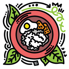 Common Indonesian food doodle simple illustration. Red plate with rice, egg, and tempe.