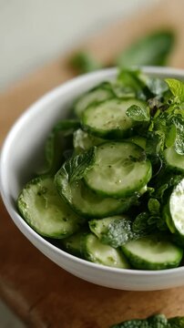 Fresh cucumber salad with mint in a white bowl on a wooden board, healthy vegetarian meal