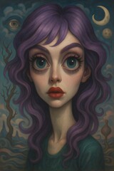 Fototapeta premium Pop Surrealism Portrait with Purple Hair and Dreamlike Atmosphere 