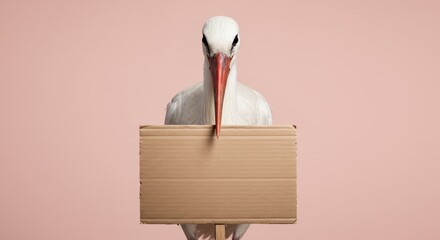 Solemn stork holds a blank cardboard sign offering a space for announcements © okayon