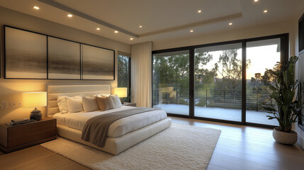 Modern cream and white master bedroom with large sliding doors and serene view