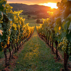 Naklejka premium Sunset sky over lush green vineyard rows.