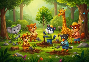 Obraz premium Animals Planting Trees: A heartwarming illustration of diverse animal friends collaboratively planting saplings in a verdant forest. Symbolizing teamwork and environmental responsibility.