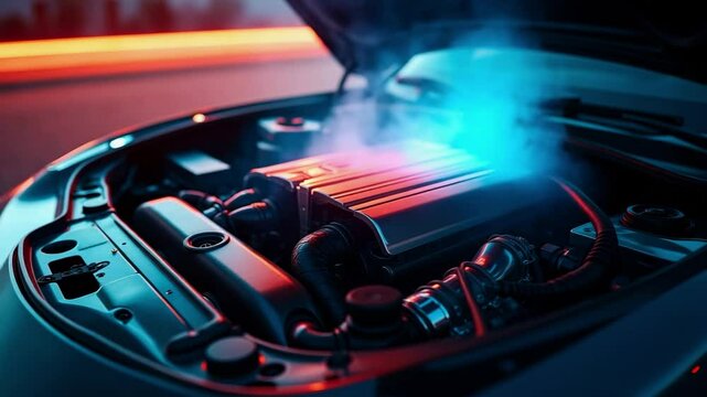 Electric car engine bay emitting blue steam indicating overheating or energy discharge in a clean futuristic automobile setup