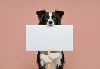 Adorable Border Collie holding a blank sign on a soft pink colored background