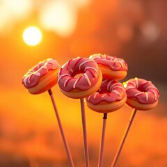 A high-resolution stock photo of mini donuts on sticks, featuring soft pastel colors and intense dramatic lighting with generative ai