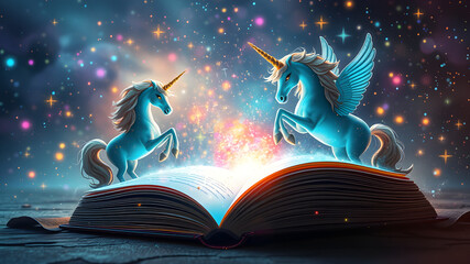 Enchanted unicorns emerging from a magical storybook surrounded by celestial sparkles