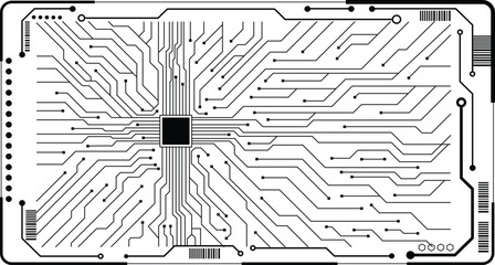 Computer circuit board texture. Technology pattern. Abstract illustration of silicon chip. Digital tech background. Black circuit diagram on white background.