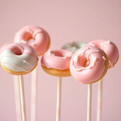 A high-resolution stock photo of mini donuts on sticks, featuring soft pastel colors and intense dramatic lighting with generative ai