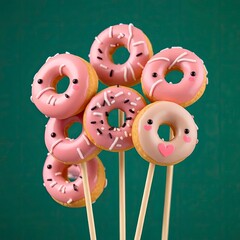 A high-resolution stock photo of mini donuts on sticks, featuring soft pastel colors and intense dramatic lighting with generative ai