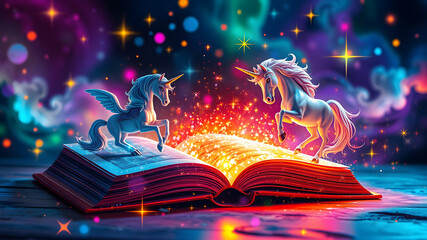 Enchanted unicorns standing on a glowing book with magic glitter and sparkling stars