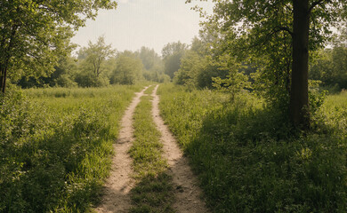 Fototapeta premium A forked path in nature, symbolizing life's choices and possibilities 