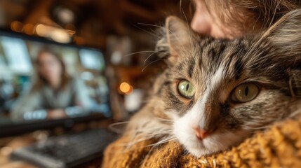 Cat Receiving Remote Vet Advice on Owner's Lap with Computer Screen, Clean Background for Text