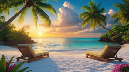 Tropical beach scene at sunset with lounge chairs.