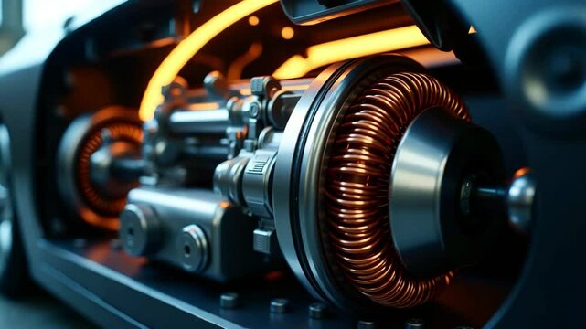 Macro shot of electric motor rotor inside an EV showcasing intricate coil and copper wiring technology used for high-efficiency power generation