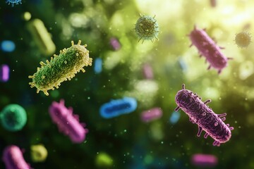 Fototapeta premium Bacteria in nature - microscopic organism, microbial life, biological presence, invisible germ, microbial structure, living microbe, tiny pathogen, unicellular form, organic matter.