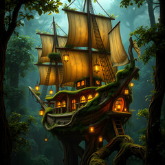 Enchanting fantasy sailing ship treehouse in a lush green forest scene with warm lanterns