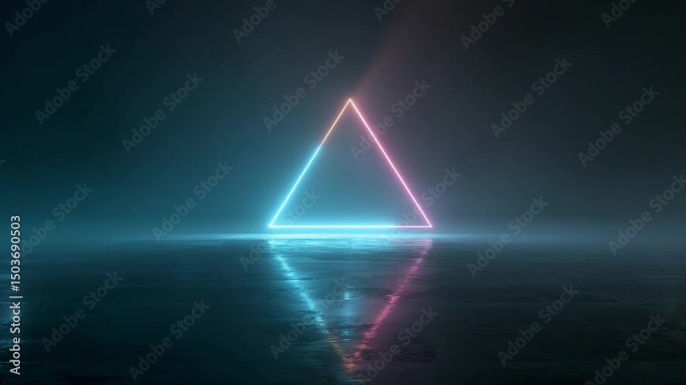 Wall mural neon triangle illuminated in dark room with reflections on wet floor and atmospheric fog effect