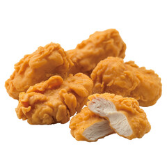 A close up view of several golden brown chicken nuggets with one cut 