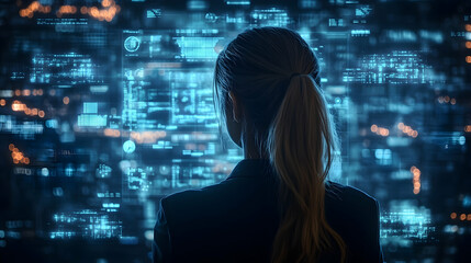 Person observing digital interface with projected data.