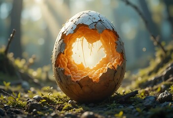 Cracked Egg with Glowing Interior in Forest Setting