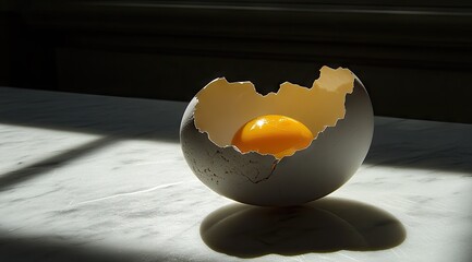 A cracked egg shell, yolk visible, on a light table
