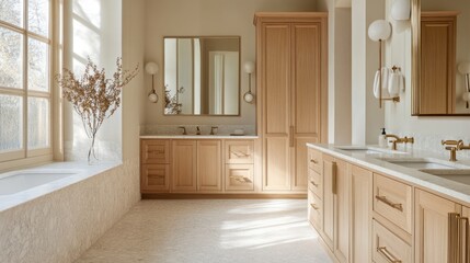 Modern Bathroom with Wooden Cabinets and Marble Accents