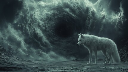 White wolf in a desolate landscape with a dark swirling vortex in the sky.