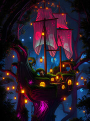 Enchanting fantasy ship treehouse illuminated with lanterns in a mystical forest at night