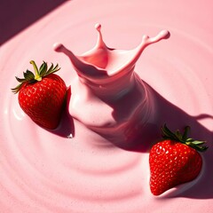 A surreal bird’s eye view illustration of a strawberry milk splash with ripples, presenting a dreamlike scene with generative ai