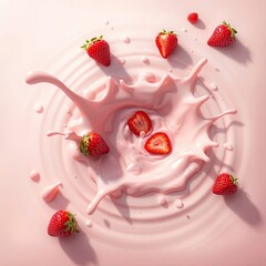 A surreal bird’s eye view illustration of a strawberry milk splash with ripples, presenting a dreamlike scene with generative ai